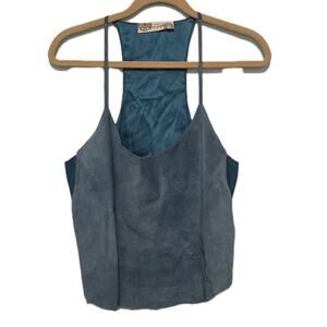 Free People Suede Leather Silk Crop Top Boho Western Teal Racerback Flowy